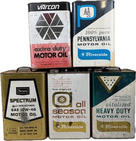 Lot 5 Sears Riverside Varcon 2.5 Gallon Motor Oil Metal Cans