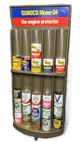 Sunoco Motor Oil Engine Protector Service Station Quart Oil Can Rack w/ 21 Cans