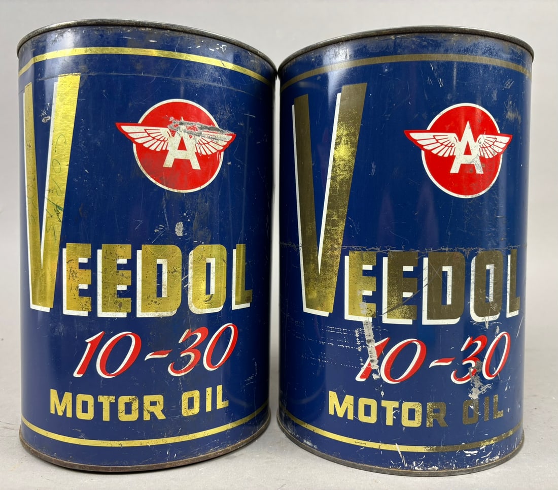 Veedol 10-30 Flying A Tidewater 5 Quart Metal Motor Oil Cans: Great original pair of 5 quart metal motor oil cans. See all photos.