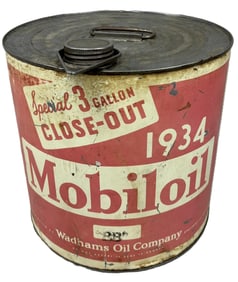 1934 Mobiloil Wadhams Oil Co. Special 3 Gallon Close Out Motor Oil Can