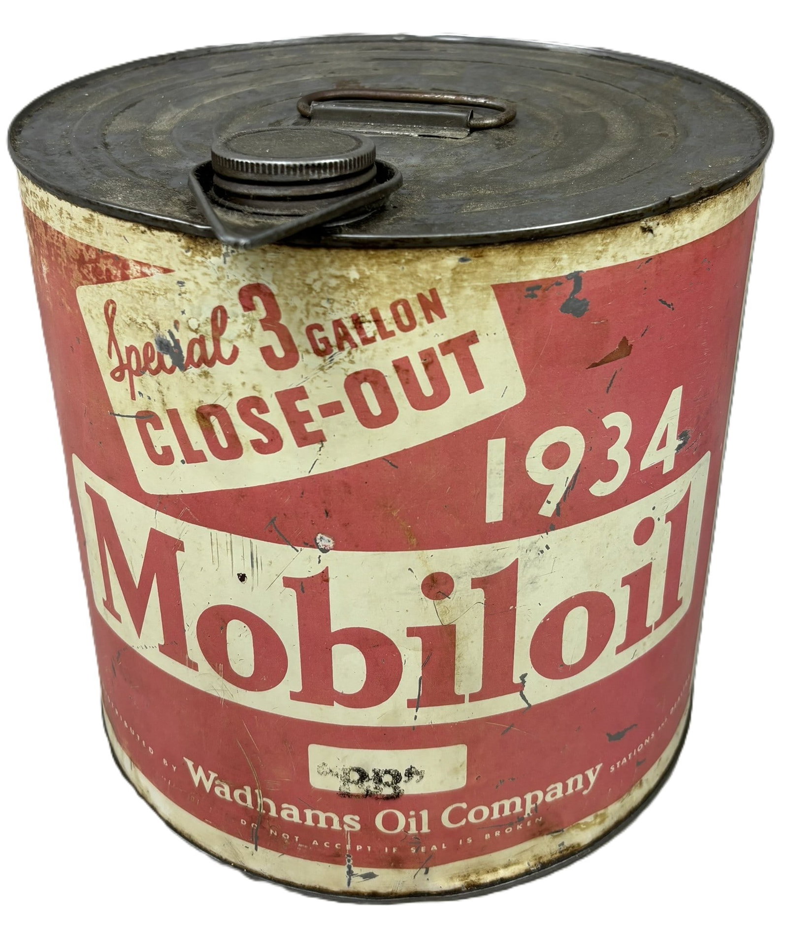 1934 Mobiloil Wadhams Oil Co. Special 3 Gallon Close Out Motor Oil Can (1 of 7)