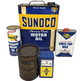 Lot 5 Sunoco Motor Oil Cans: 2 Gallon, Vinyl Top Wax, Outboard, Coin Bank & Grease Can