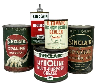 Lot 5 Sinclair Cans: Pair Opaline Quarts, Litholine Grease, Lead Top Oiler & 8oz Sealer