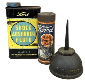 Lot 3 Ford Cans: Shock Absorber Fluid, Tube Repair Kit & Embossed Oiler