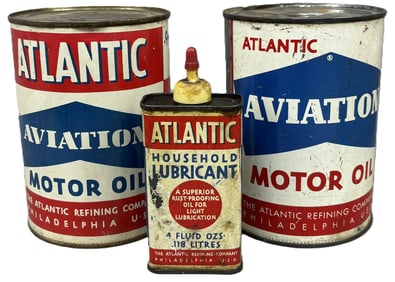 Lot 3 Atlantic Cans: Pair Aviation Motor Oil Quart Cans & 4oz Oiler