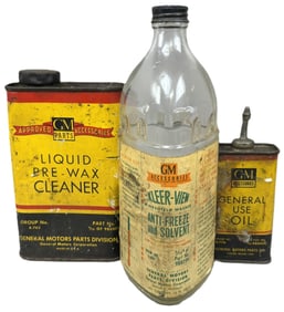 Lot 3 General Motors Cleaner Wax Anti Freeze Solvent & Lead Top Oiler