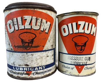Pair Original Oilzum 1# & 2# Grease Cans w/ Oswald