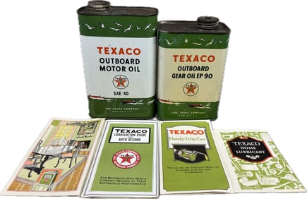 Texaco Lot Outboard Metal Motor Oil & Gear EP 90 Cans w/ 20s-30s Brochures