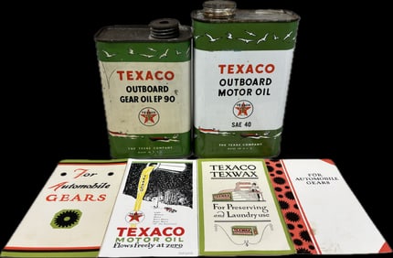 Texaco Lot Outboard Metal Motor Oil & Gear EP 90 Cans w/ 20s-30s Brochures