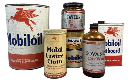 Lot 6 Mobil Oil Cans: 5 Quart, Tavern Paste Wax, Sova Sud, Outboard & Lustre Cloth