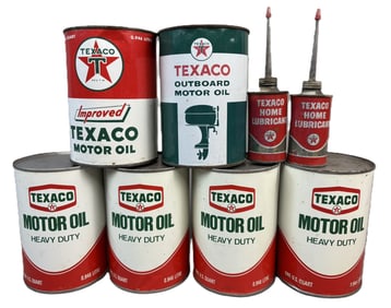 Lot 8 Texaco Motor Oil Full Quart Cans & Pair 4oz Handy Oilers