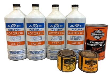 Lot 7 Harley Davidson Cans: 4 AMF Plastic Quart, Pair 40s Paint 1/4 Pint