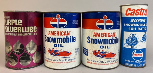 Lot 4 Snowmobile Oil Cans: Pair American Quart, Artic Cat Purple Powerlube & Castrol