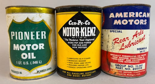 Lot 3 Motor Oil Quart Cans: Pioneer, Cen-Pe-Co Motor Klenz & Ameridan Motors