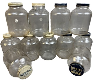 Lot 11 Mobiloil & Lubrite War Time Glass Motor Oil Quart Bottles