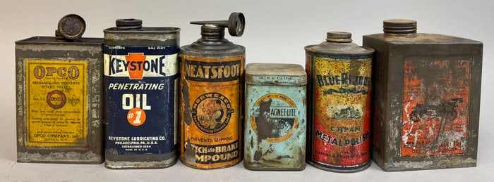 Lot 6 Early 1900s Oil Cans OPCO Keystone Blue Ribbon & Wonder Oil Detroit