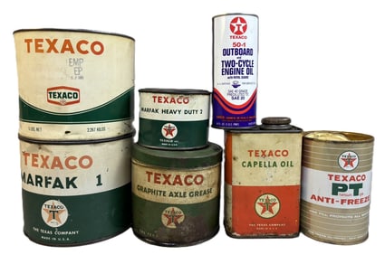 Lot 7 Texaco Motor Oil Cans: 1, 3, 5 Grease Cans Texaco Capella & PT Anti Freeze Quarts