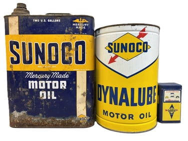 Sunoco Lot 3 Cans 2 Gallon Mercury Dynalube 5 Quart & Coin Bank