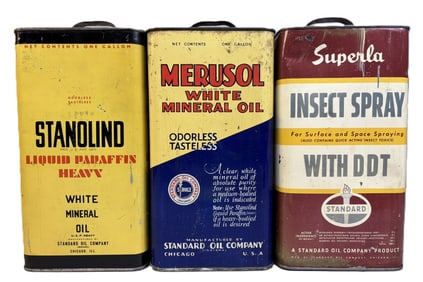 Standard Oil Co Lot 3 1930s 1 Gallon Cans: Stanolind Merusol & Superla Insect Spray