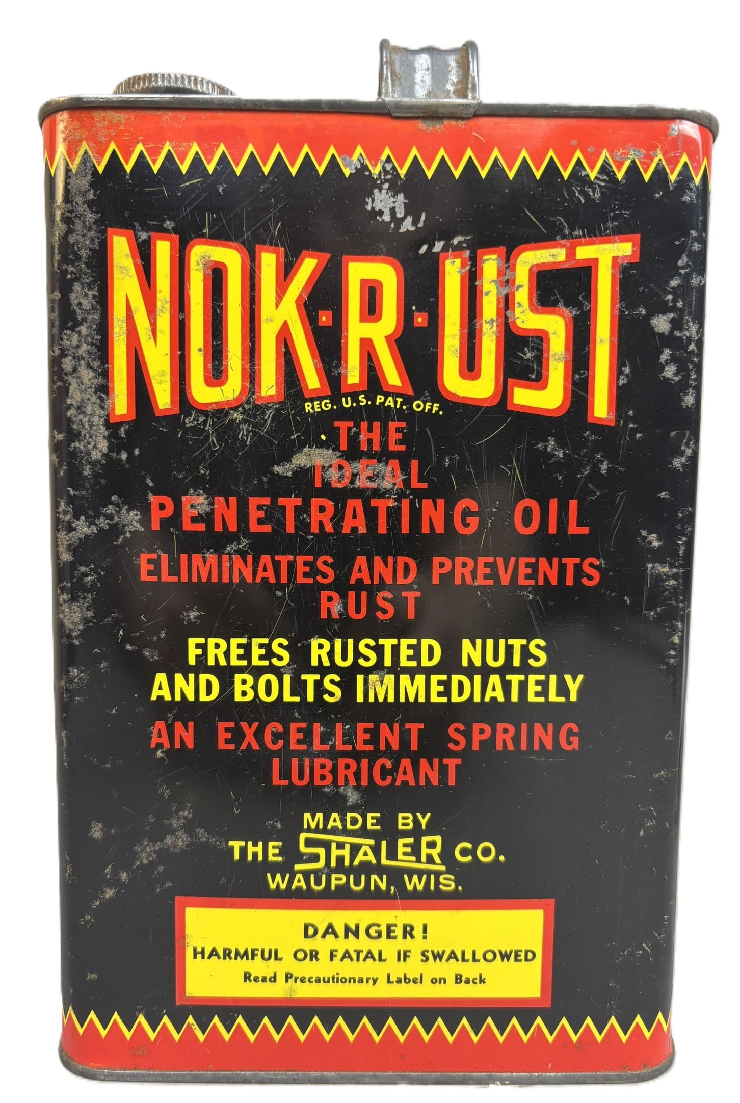 Nok-R-Ust by Shaler Waupun Wisconsin 1 Gallon Penetrating Oil Can: Great original 1 gallon can by Shaler. See all photos