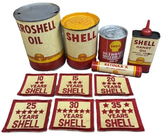 Shell Lot 11 Motor Oil Items: Aeroshell Quart, Grease, Outboard, Oiler & 6 Patches