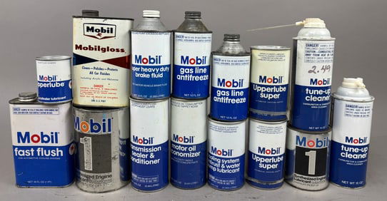 Mobil Oil 50s 60s 70s Lot 15 Metal Flat & Cone Top Brake Fluid Oil Cans