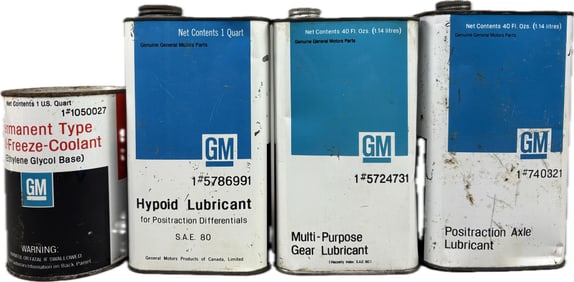 General Motors Lot 4 Quart Hypoid Lubricant & Anti Freeze Metal Cans
