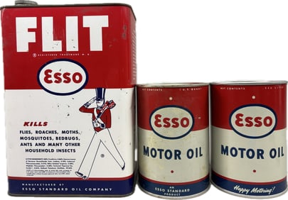 Esso Lot Pair Standard 1 Quart Motor Oil Cans & Flit 1 Gallon Spray