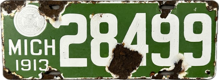 1913 Porcelain Michigan 5 Digit 28499 License Plate