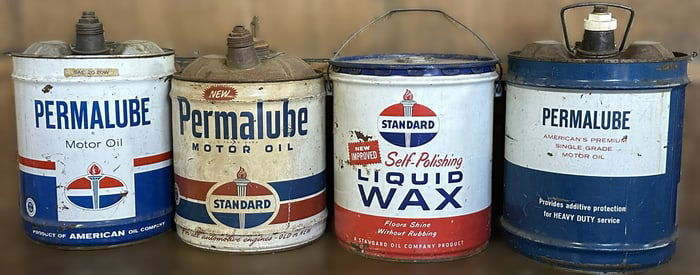 Lot 4 Standard Oil Permalube Self Polishing Liquid Wax 5 Gallon Motor Oil Cans