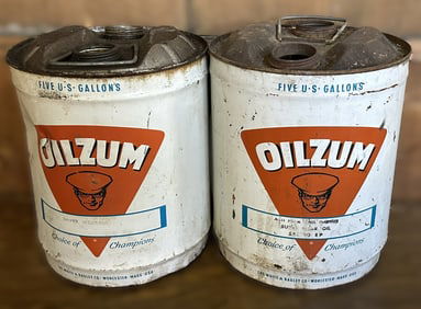 Oilzum Pair 1960s 5 Gallon Motor Oil Cans w/ Oswald