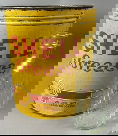 Shell 20s-30s Pair 25 Lb Grease Can & Embossed Quart Motor Oil Bottle