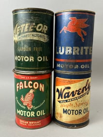 Lot 4 Metee-Or Lubrite Falcon Waverly Metal Motor Oil Quart Cans
