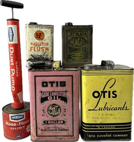 Antique Can Lot 5 Otis Elevators 1 Gallon Kaiser Frazer Jet Black Eveready