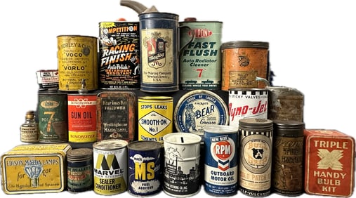 Lot 23 Early Automotive Tins Oilers Mazda Lamps Coin Banks Maytag & More