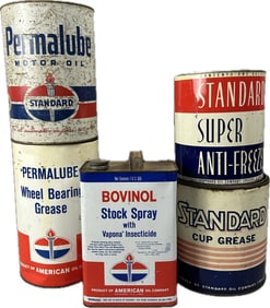 Standard Oil Bovinol Super Anti Freeze Permalube 5 Quart 1 Gallon Motor Oil Cans