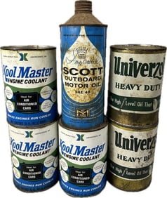 Lot 6 Univerzol HD Scott Outboard Kool Master Engine Coolant Metal Motor Oil Quart Cans