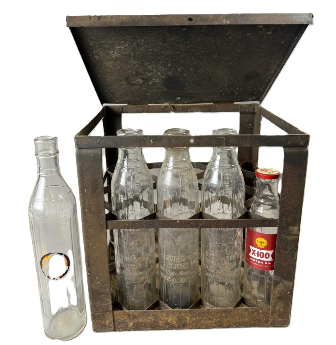 Original Shell Embossed 1920s Bottles & Metal Carrier (1 of 11)