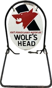 Wolf's Head Motor Oil 1970 DST Tin Curbside Swinging Sign