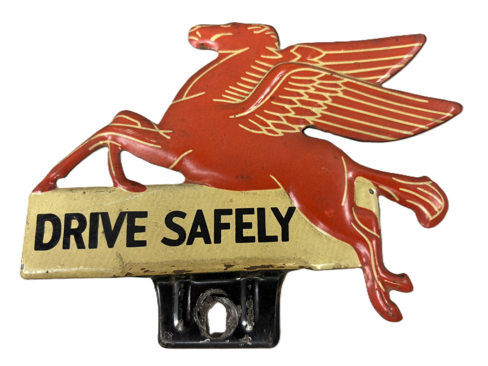 1950s Original Mobil Pegasus Drive Safely License Plate Topper: Incredible original paint and surface. Minimal wear as shown.