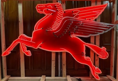 Original 1955 Mobil Pegasus Cookie Cutter Neon Advertising Porcelain Sign