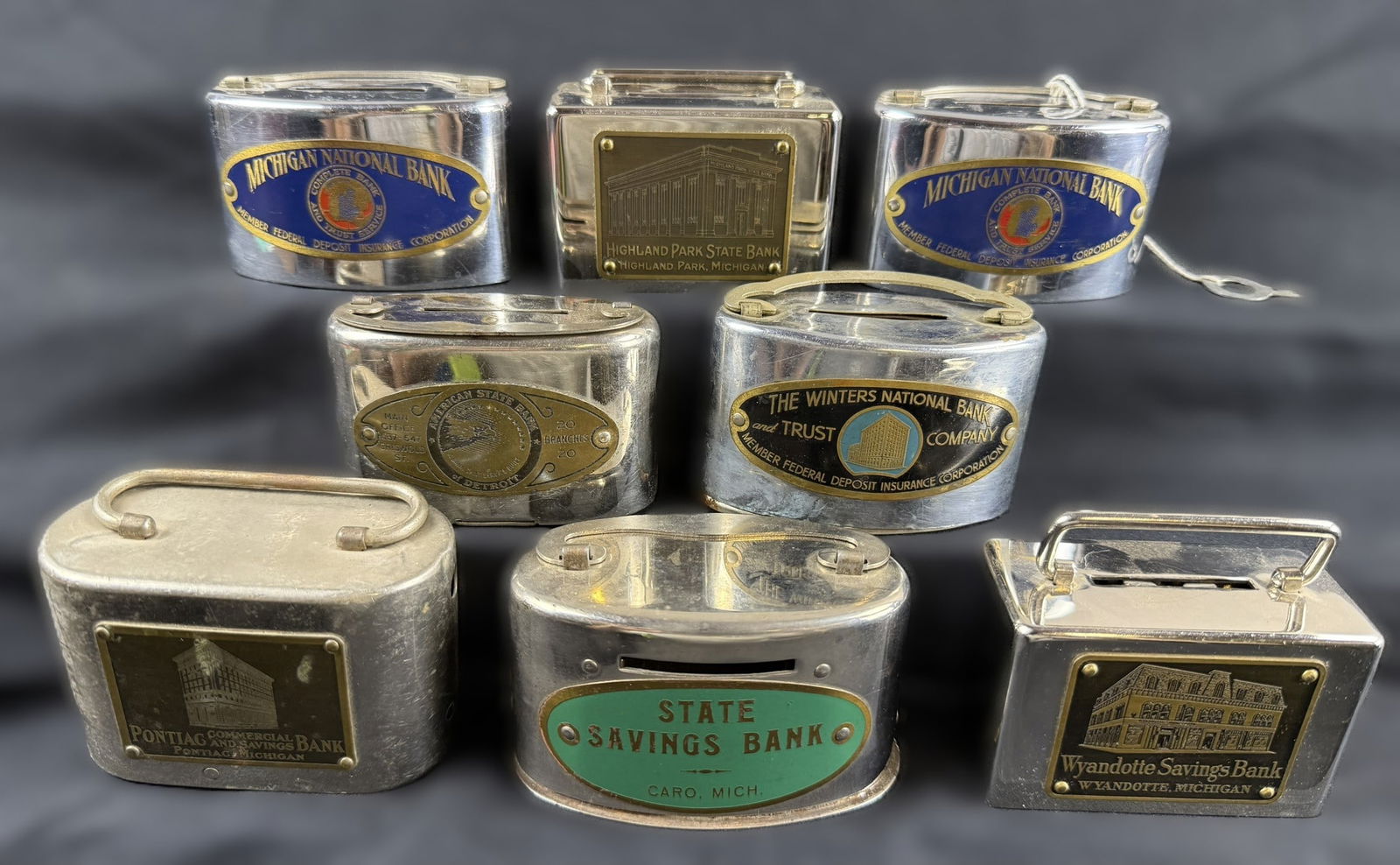 Lot 8 30s-40s Michigan Savings Coin Banks Pontiac Caro Wyandotte