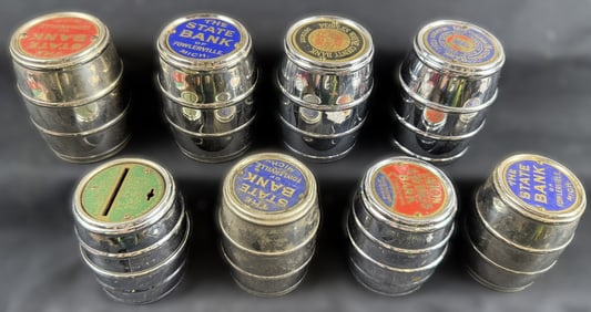 Lot 8 30s-40s Michigan Barrel Coin Banks Fowlerville Manchester