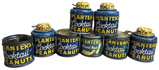 Planters Peanuts Mixed Cocktail Salted Nuts Metal 30s 40s Cans 4 w/ Top Chopper