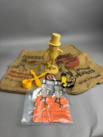 Planters Peanuts Lot 9 Advertising Items Burlap Bags Bank Measurer & Book Marks