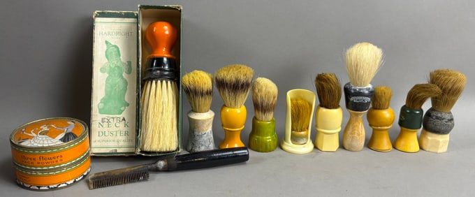 Antique Barber Shop Lot 12 Neck Duster Brushes Combs & Face Powder