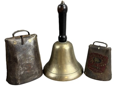 Antique Brass School Principal & Holstein Cow Marked Advertising Bell