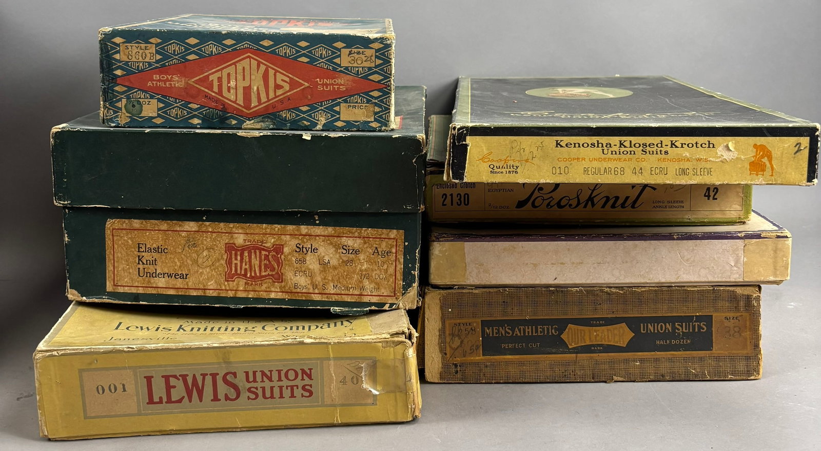 Antique Lot 7 Original Early 1900s-20s Clothing Boxes Kenosha Lewis Carters Our Leader: Estate condition. See all photos. Sold as-is, where-is.