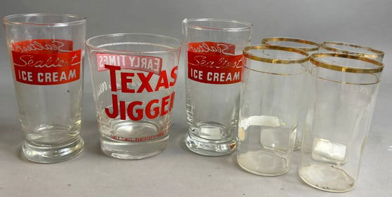 Lot 7 Original 30s-40s Advertising Barware Glasses Hiram Walker Sealtest & Texas Jigger