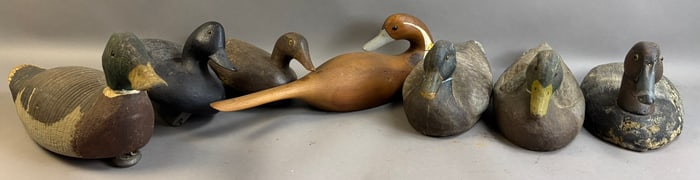 Lot 7 Wooden Carved & Canvas Duck Decoys Signed R Livingston Pintail Alcolu Railroad